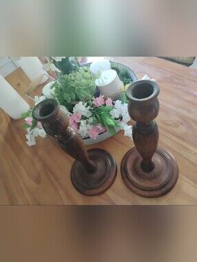 Lovely Set Of 2 Vintage Wooden Candlestick Holders